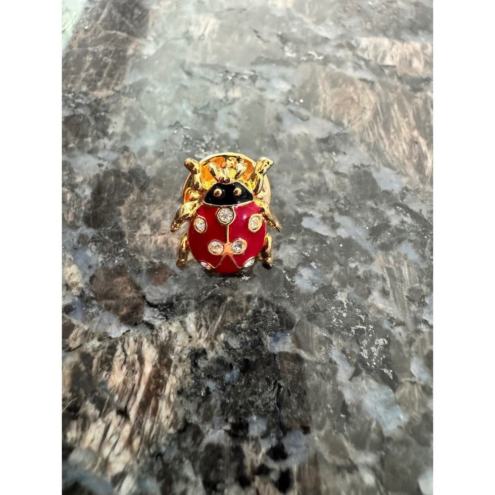 Vintage Gold Tone Red Enamel Ladybug Pin Rhinestone Accent Lapel Brooch